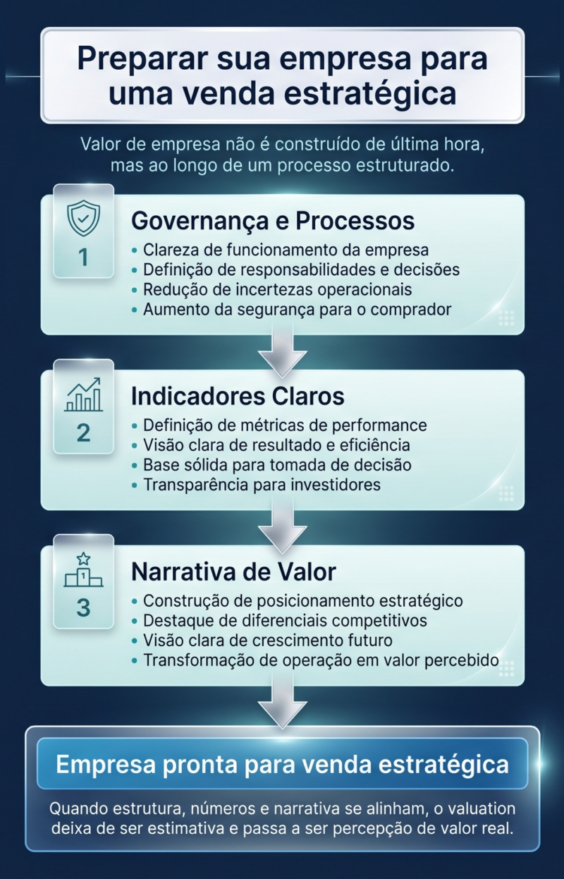 Fluxograma explicando como preparar uma empresa para venda estratégica e aumentar o valuation, com três etapas principais conectadas: governança e processos, indicadores claros e narrativa de valor, finalizando em um bloco que representa uma empresa pronta para venda com maior valor percebido no mercado.